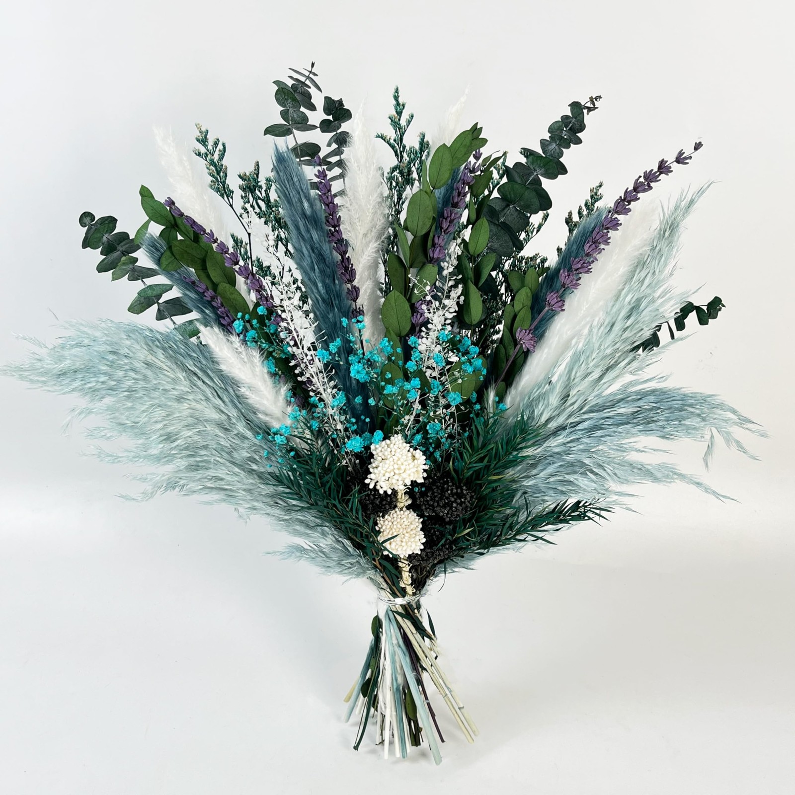 Dried Flower Bouquet 17″ Teal Pampas Eucalyptus Lavender Boho Rustic Decor