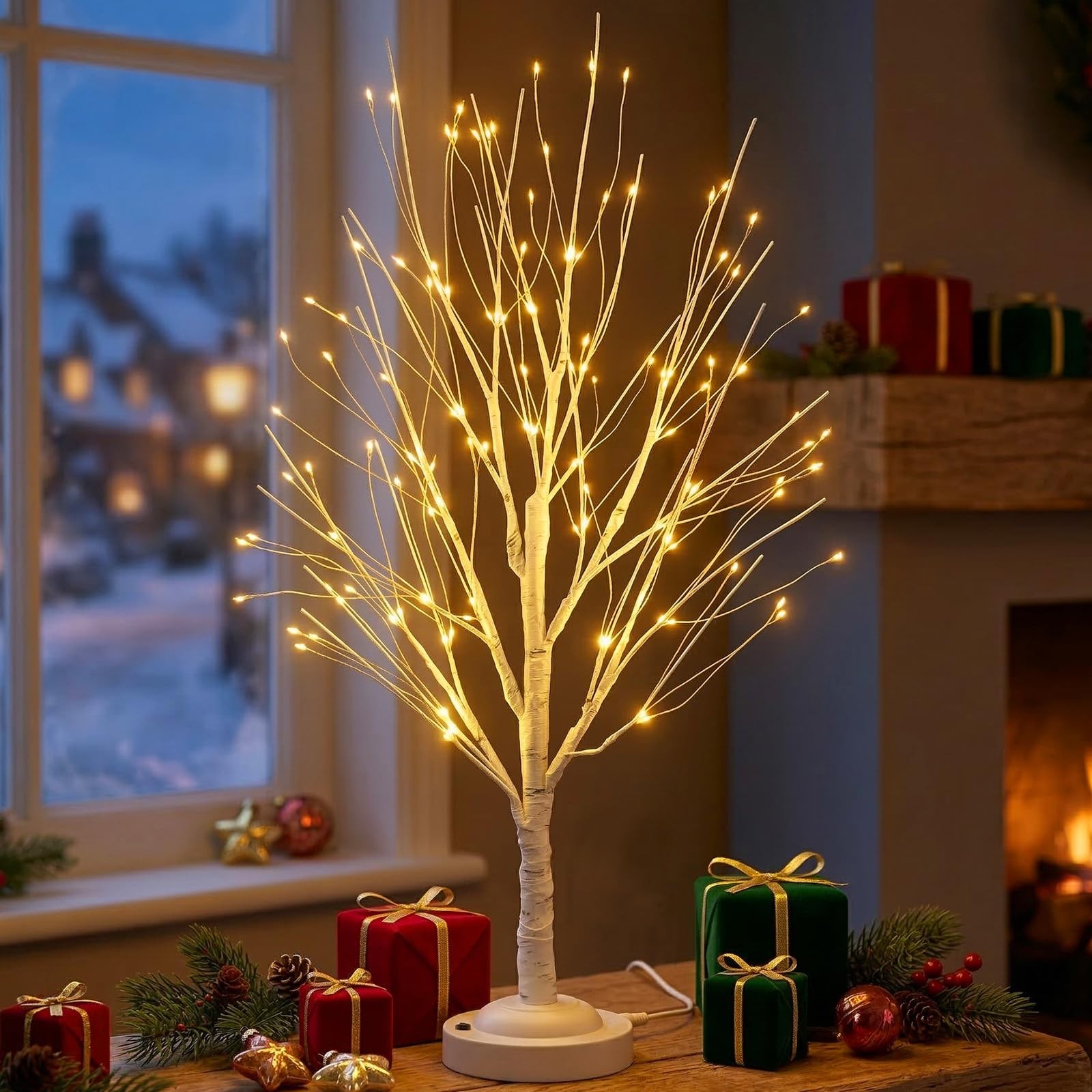 2Ft 144 LED Artificial Birch Bonsai Tree Lamp Warm White Fairy Light USB