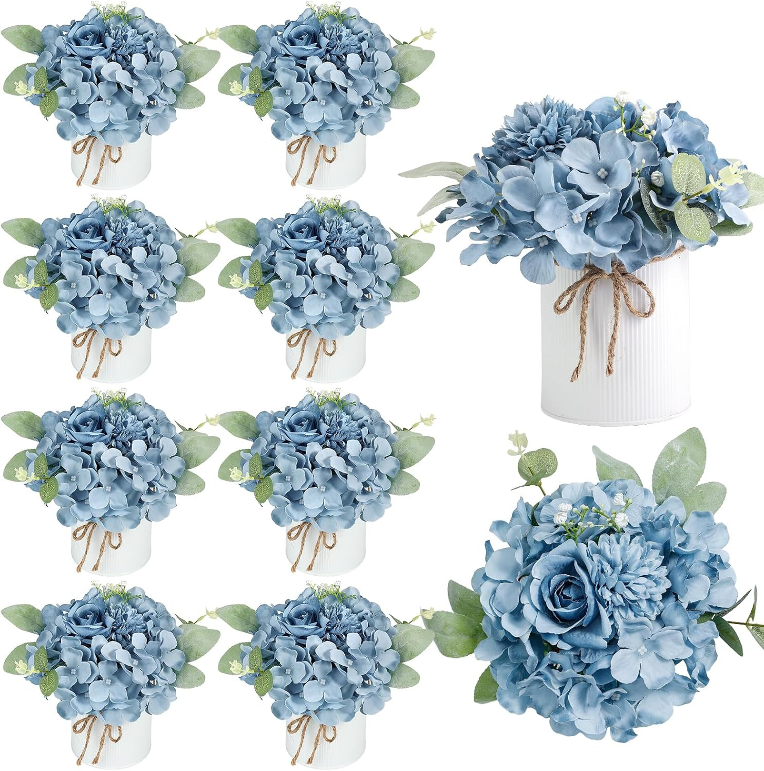 Dusty Blue Hydrangea Centerpieces – 10PCS Silk Flowers with Vase for Events