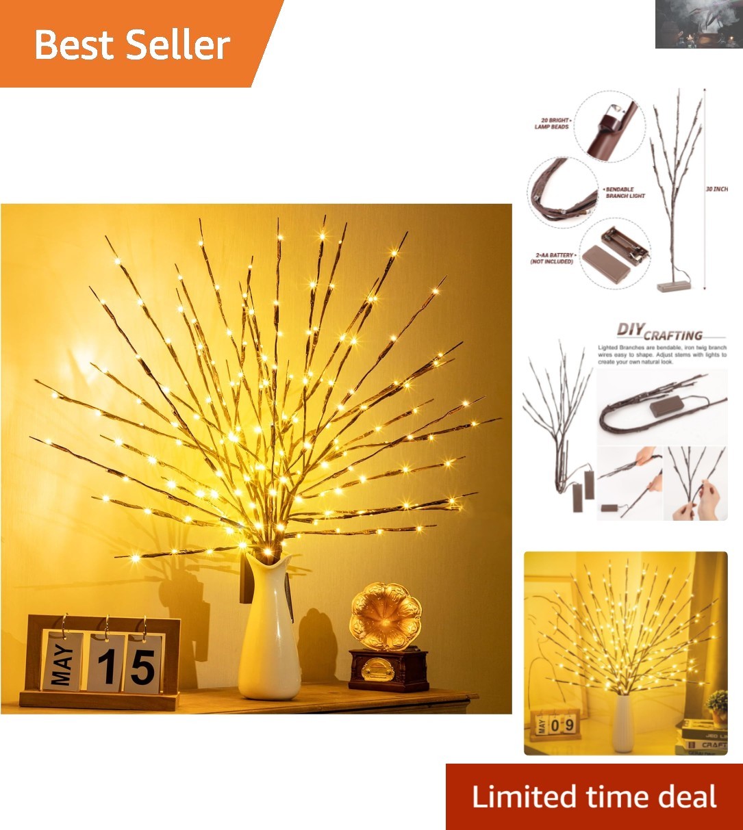 Elegant Lighted Twigs with 20 Bright Bulbs – 30 Inch Warm Yellow for Indoor &…