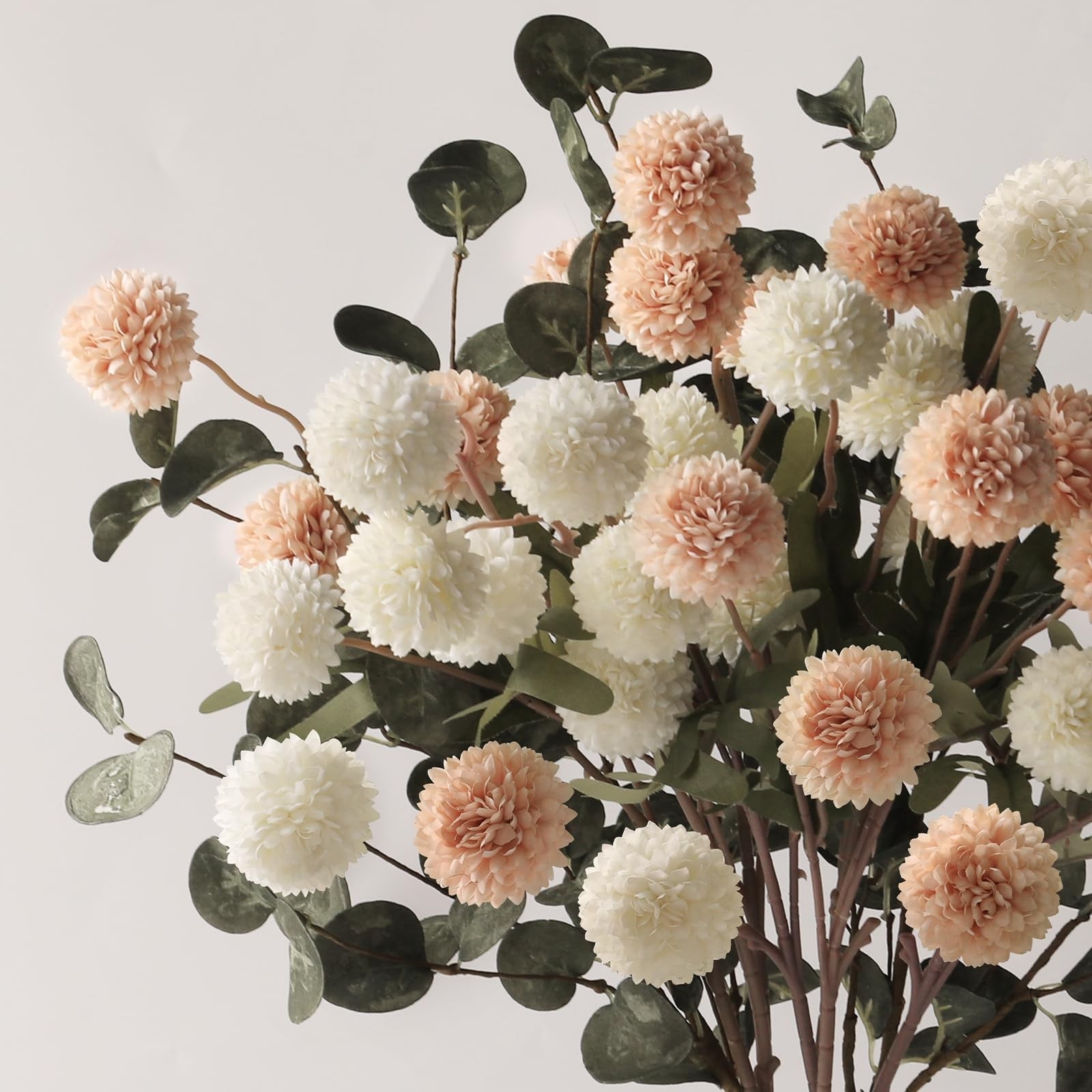 7pcs Beige Ivory Faux Silk Mums + Eucalyptus Artificial Flowers for Vase 20″,…