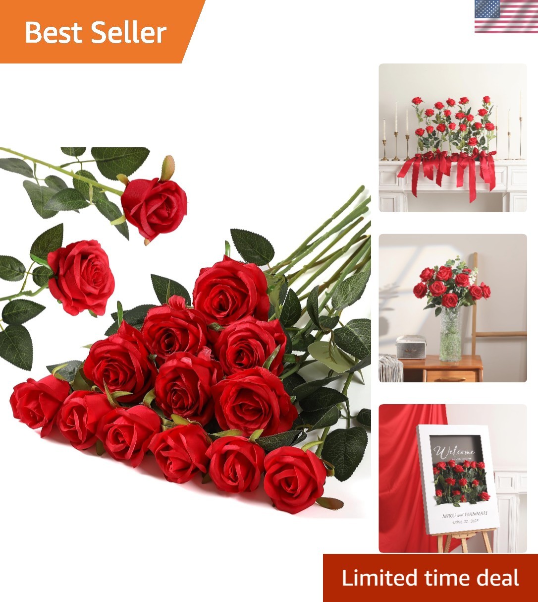 12PCS Realistic Silk Red Roses Bouquet for Home & Events