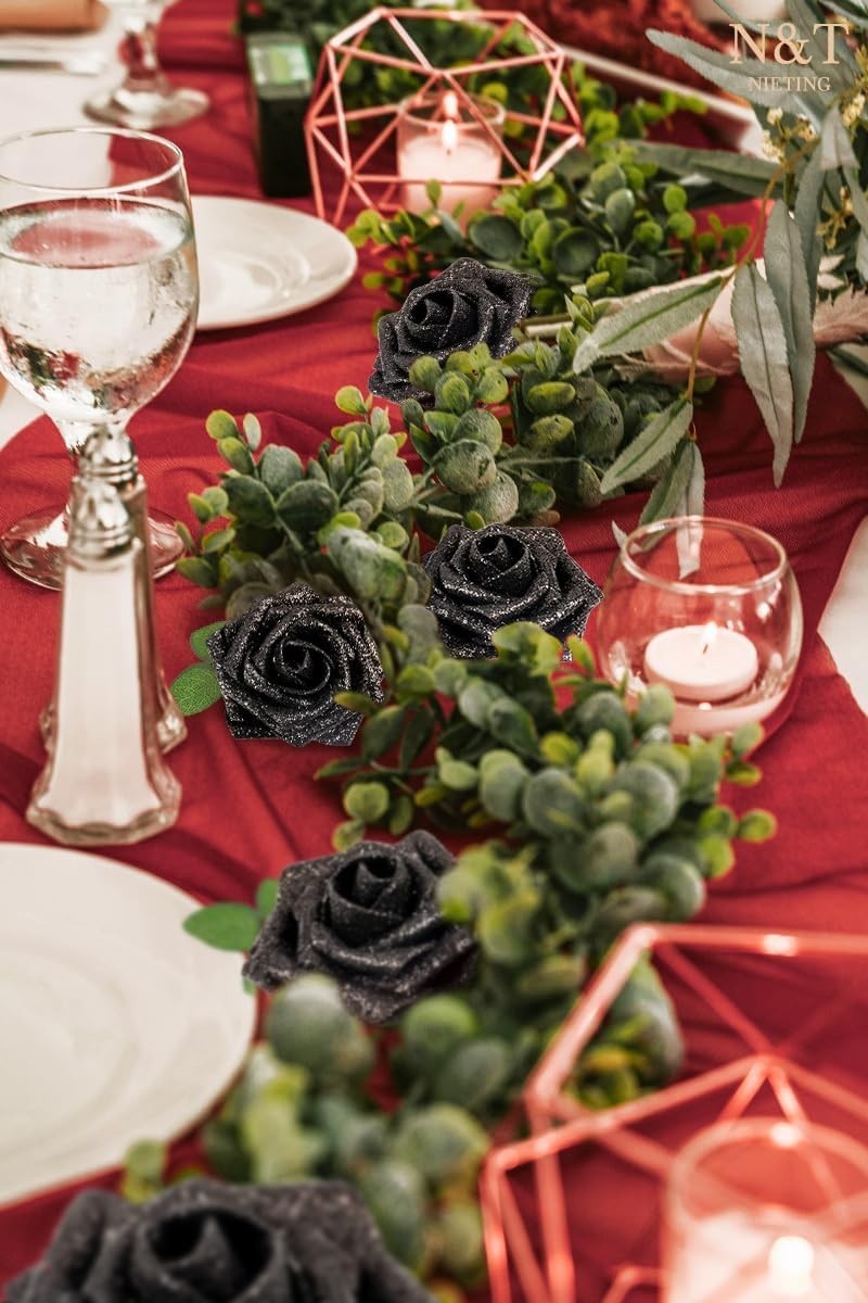Realistic 25pcs Black Glitter Foam Roses – Perfect for Bouquets & Centerpieces