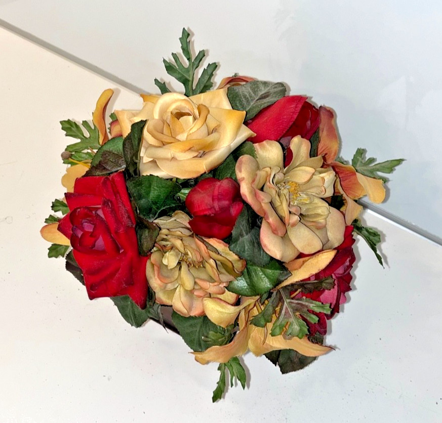 Red & Yellow Faux Flower Roses Centerpiece Beige Mahoga Brown Neutral Home Decor