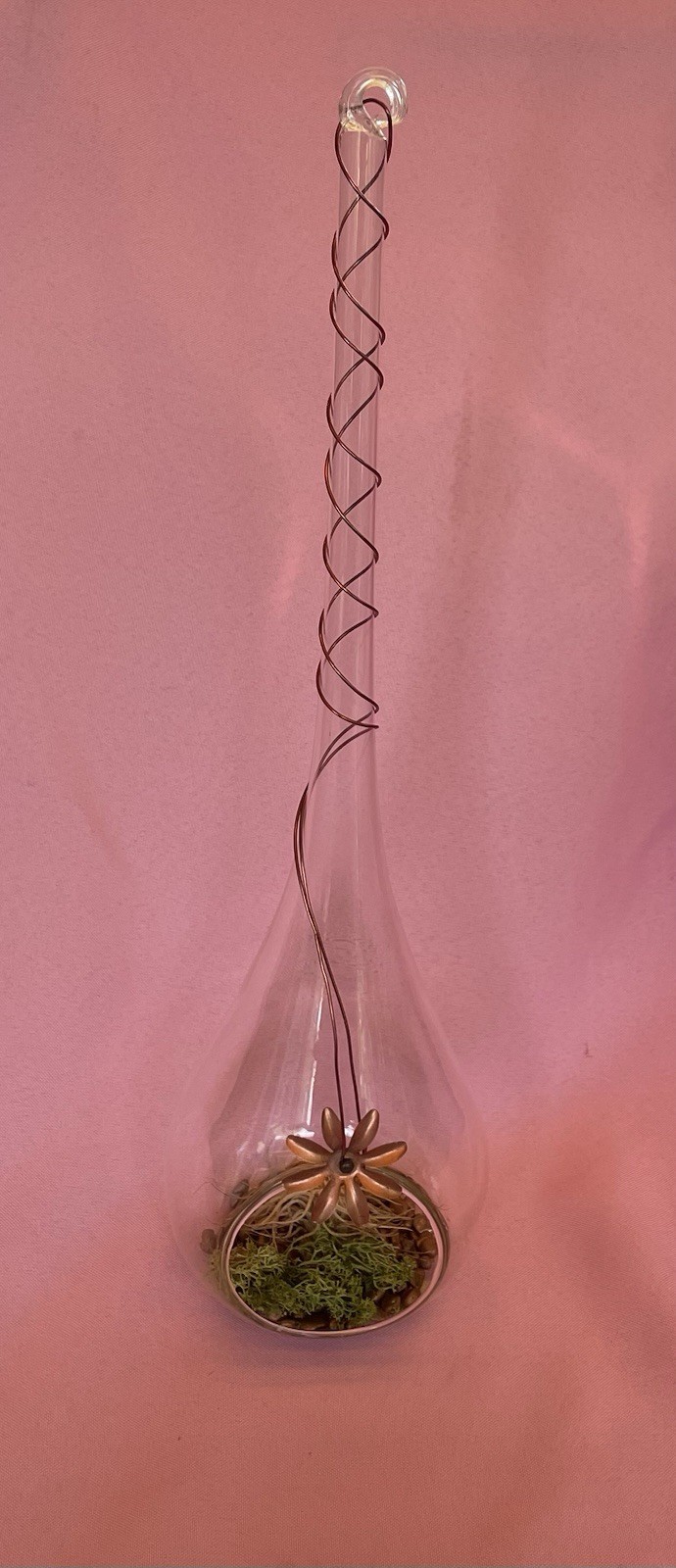 16” Blown Glass Teardrop Hanging Globe Terrarium Copper Flower Accent