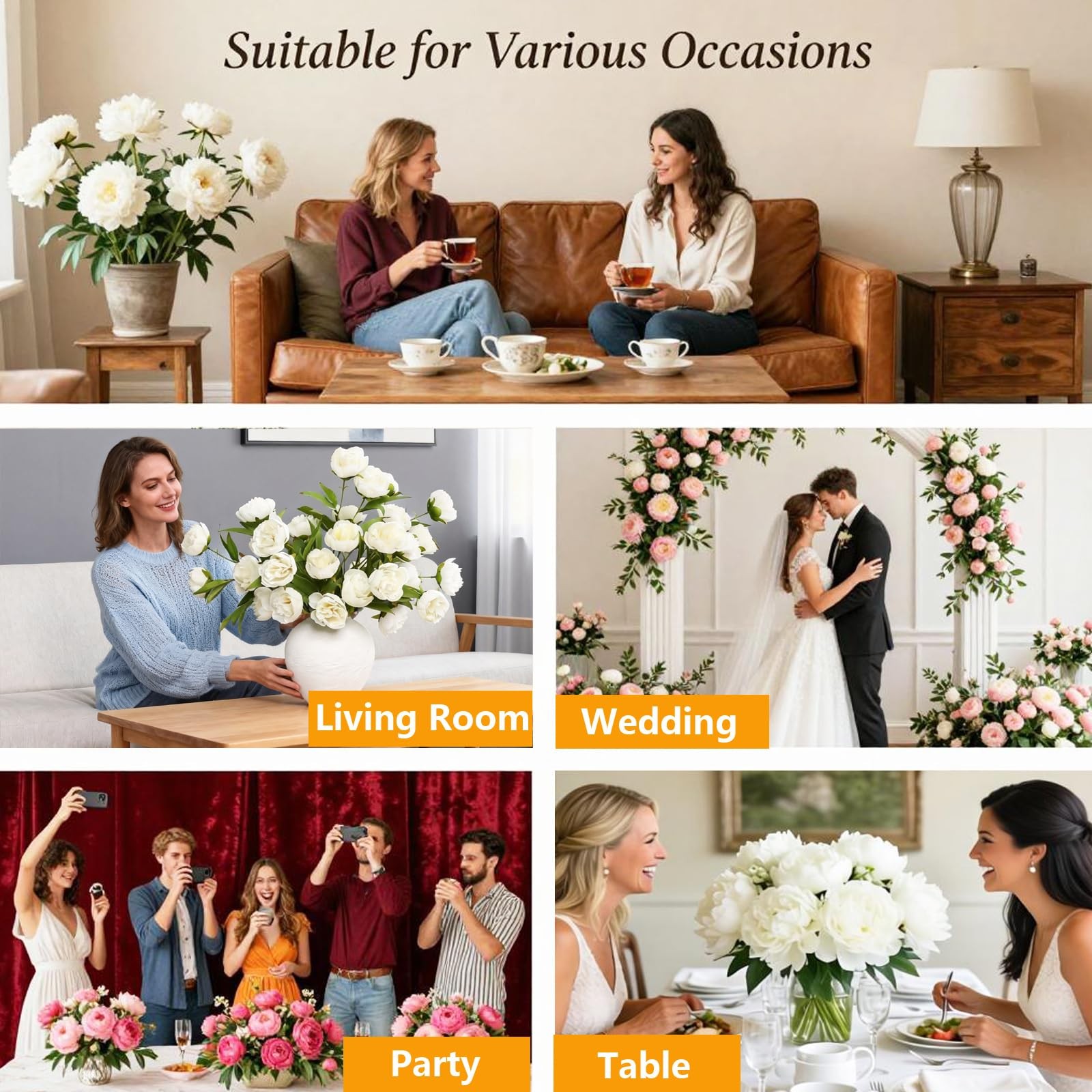 6 Pcs Faux Peonies Artificial Flowers for Vase, 27″ Silk Peonies Faux Peonies…