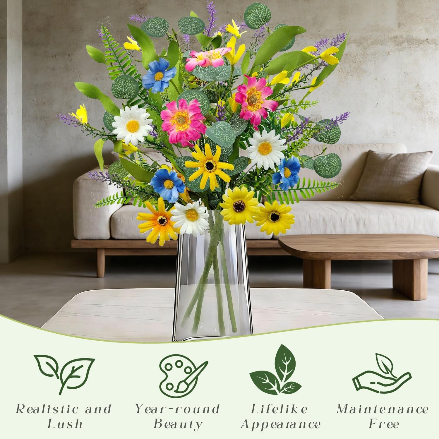 4 Bundles Artificial Daisy Flowers Bouquet Fake Wildflowers Silk Spring Floral