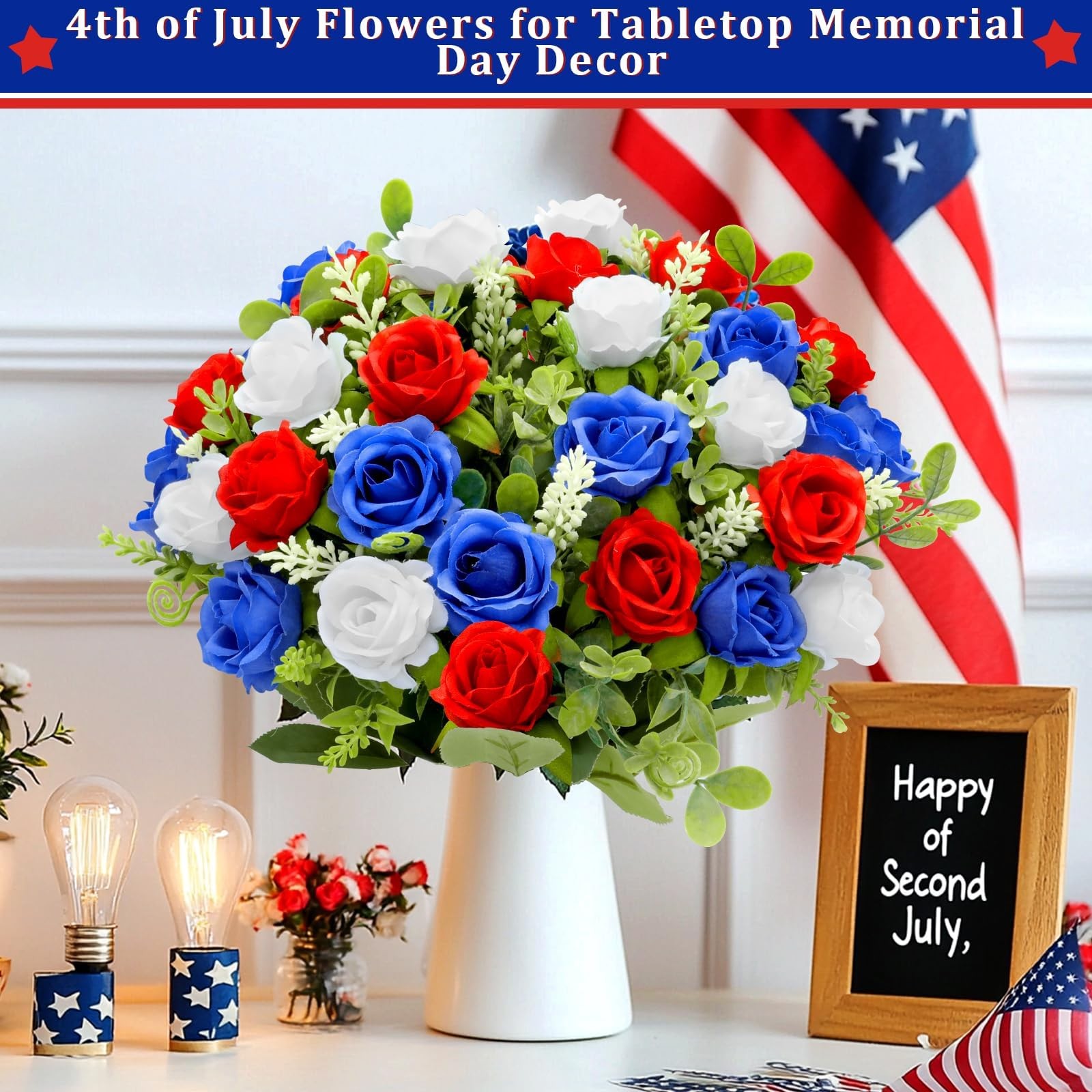 4 Bouquets Artificial Red White and Blue Patriotic Flowers 4th of July Decora…