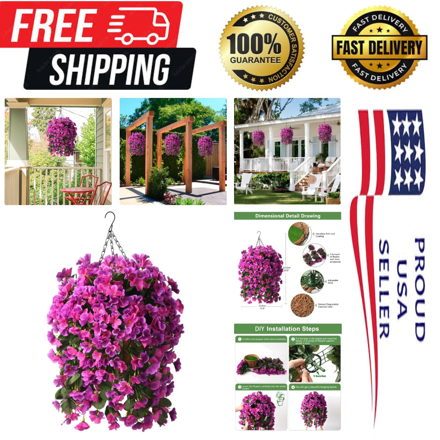 Artificial Fake Hanging Plants Flowers Basket for Spring Summer Outdoor Outsi…