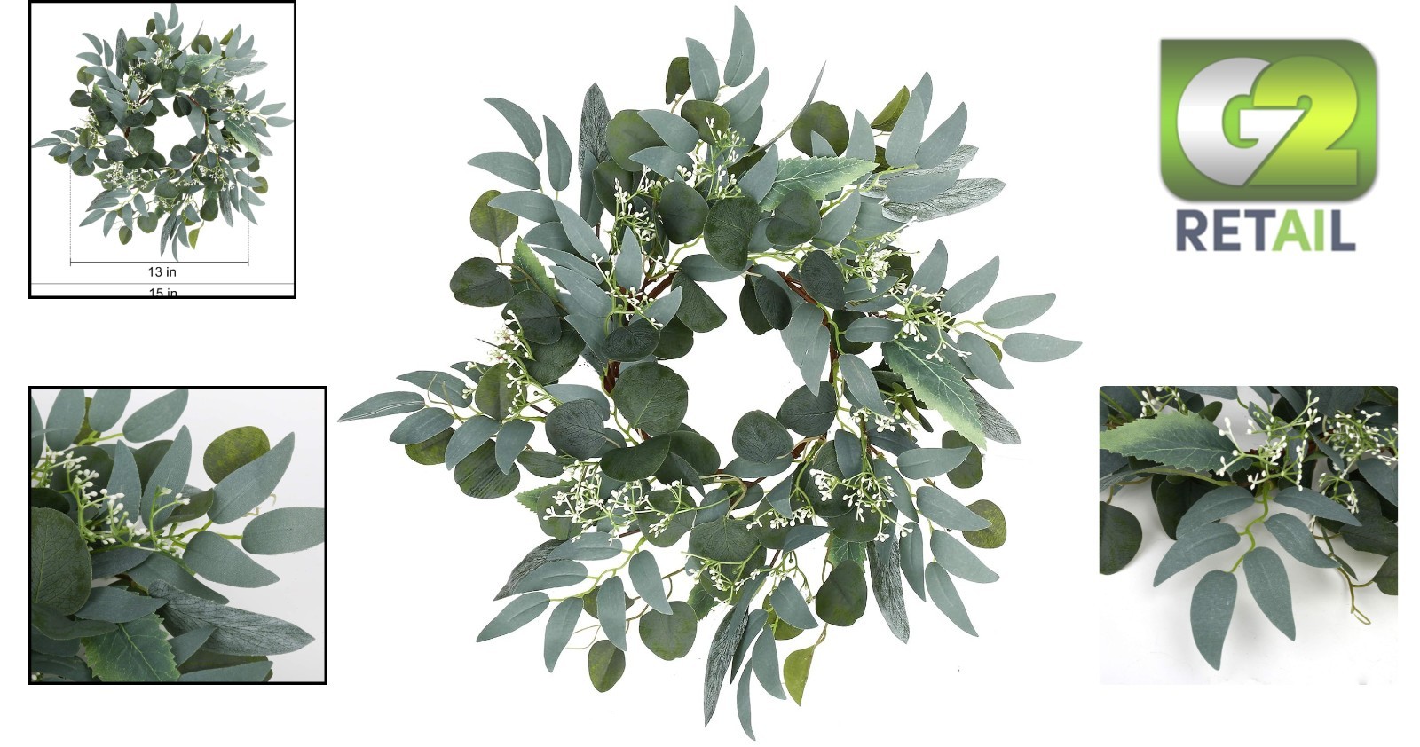 Elegant 15-Inch Faux Eucalyptus Wreath with White Blooms for Indoors & Outdoors