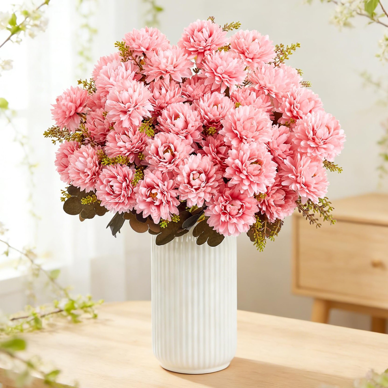 18 Heads Pink Artificial Chrysanthemum Flowers Fake Mums Pink Kiku Ball Flowe…