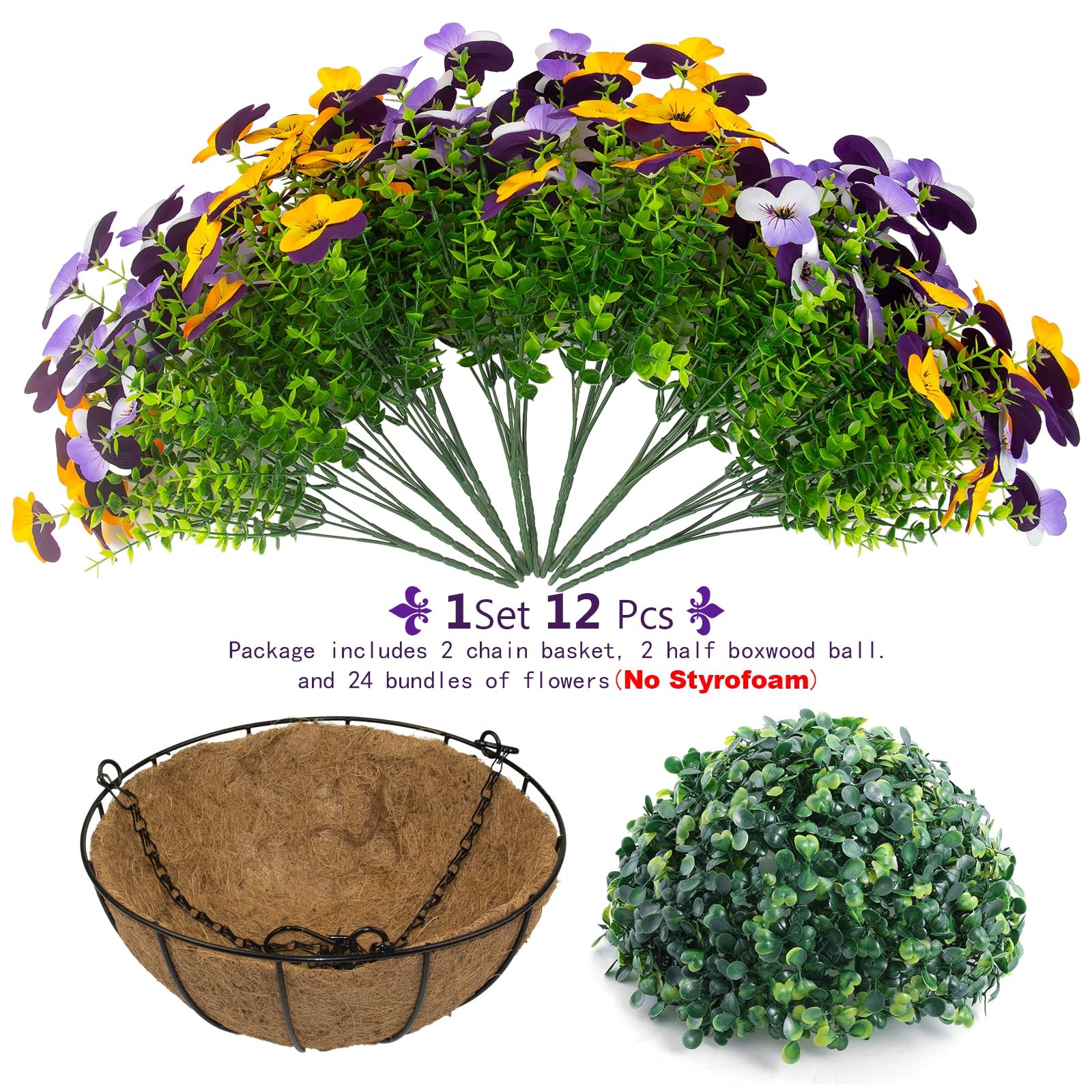 2 Set Artificial Outdoor Pansy Flowers with Hanging Baskets, 2 Hanging Basket…