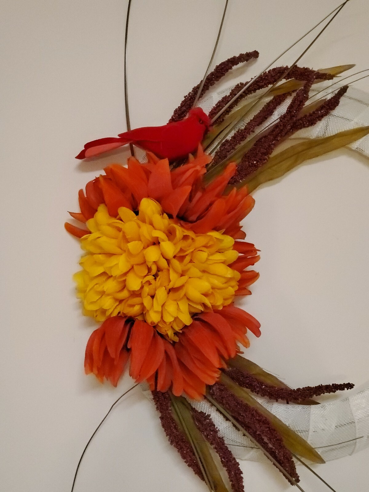 Heather MUM white orange red CARDINAL burlap WREATH FALL autumn Decor Front Door
