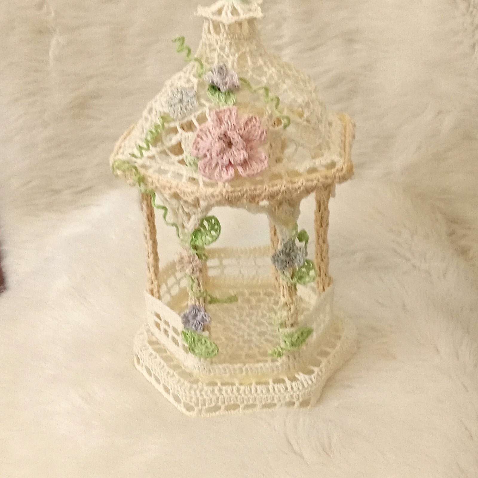 Hand Crocheted Gazebo Sculpture Spring Floral 9” by 6″ Cottage Core Whimsical