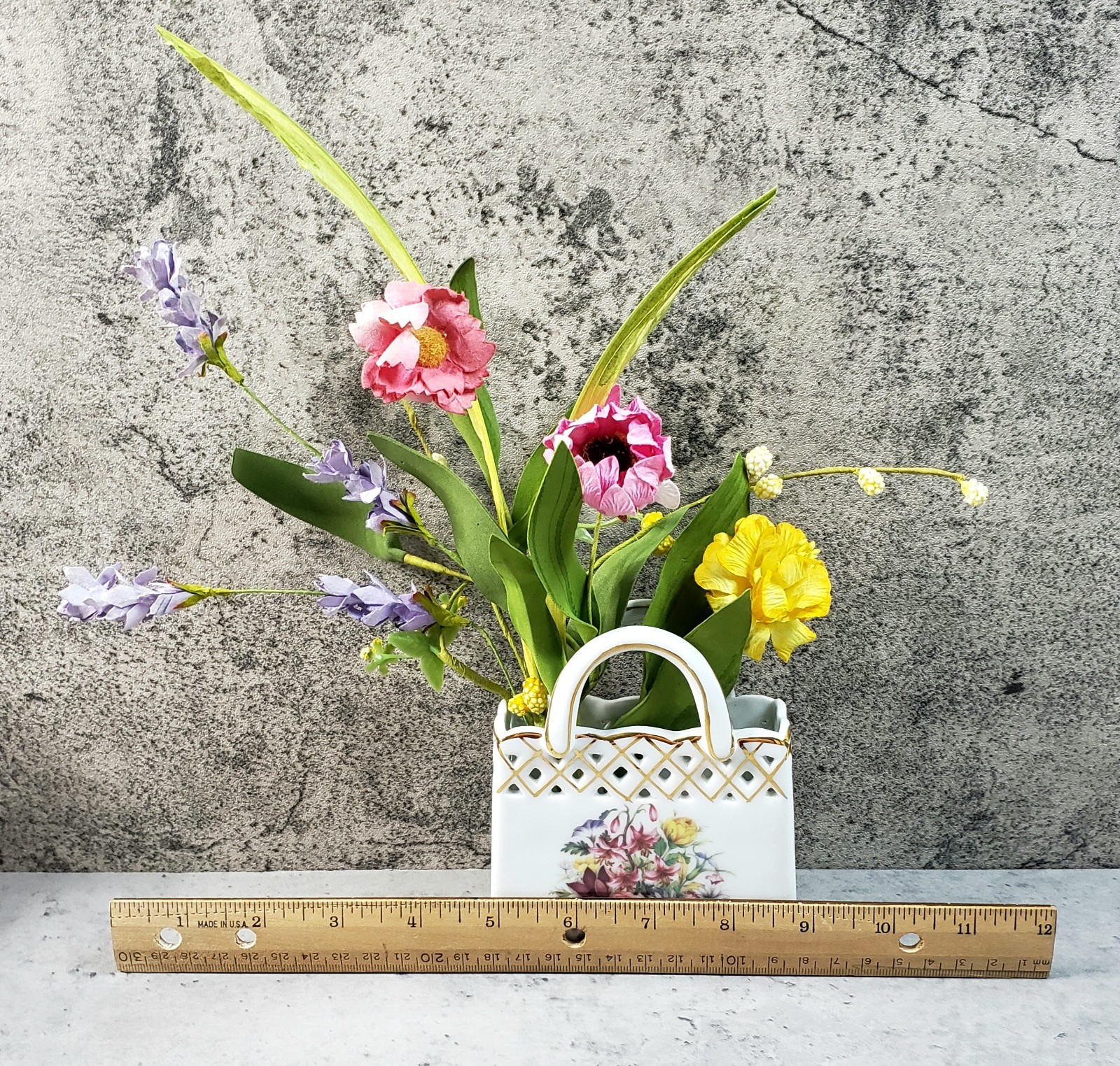 Herman Dodge Ceramic Purse Vase 4.75″ w Faux Flowers Old World Collection