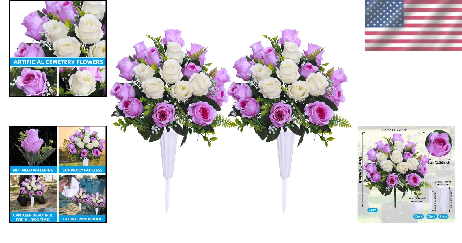 Set of 2 Artificial Cemetery Flowers with Vase,Grave Memorial Flowers,Artificial