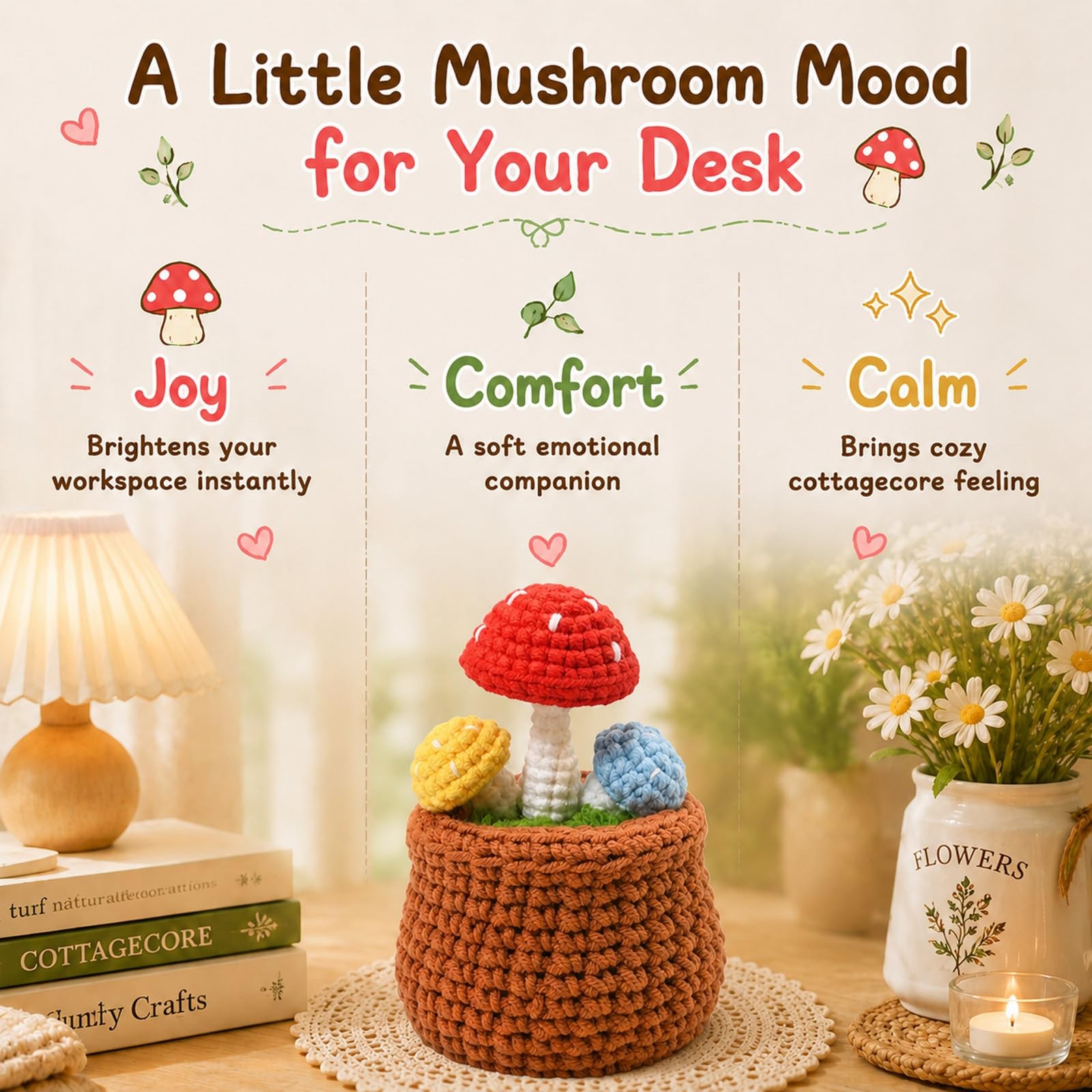 Crochet Mushroom Plants, Cottagecore Room Decor (Yellow & Blue)