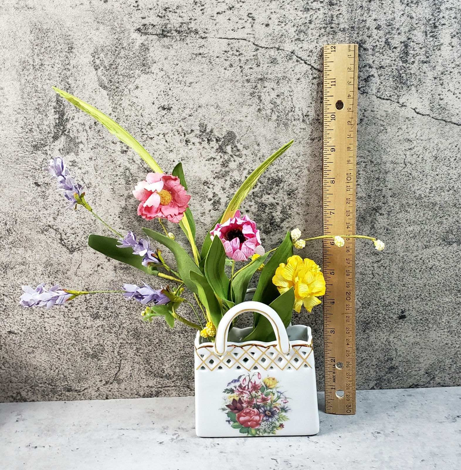 Herman Dodge Ceramic Purse Vase 4.75″ w Faux Flowers Old World Collection