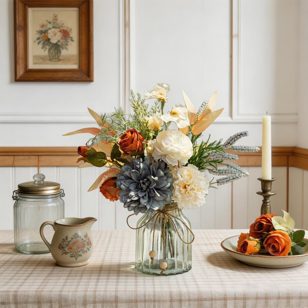 Blue Dahlia Silk Flower Arrangement in Glass Vase for Home Decor