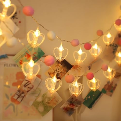9.85Ft Photo Clip String Lights with 20 Cute Pompoms 20 LED Pink Pom-Heart