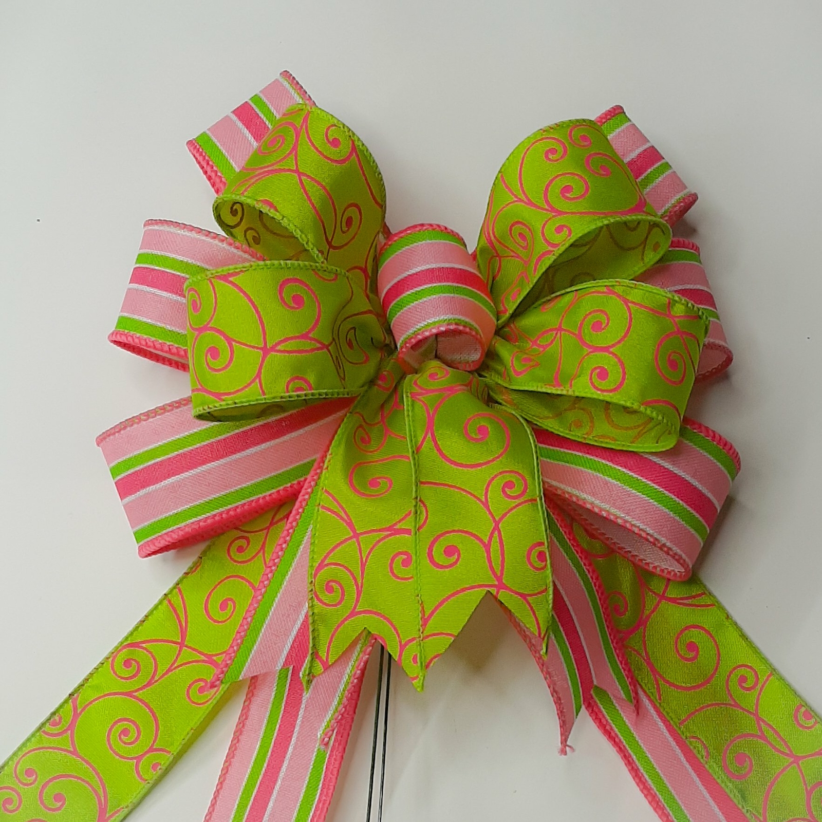 Spring Bow, Wreath Bow, Green, Pink Swirl Print, Pink Stripes