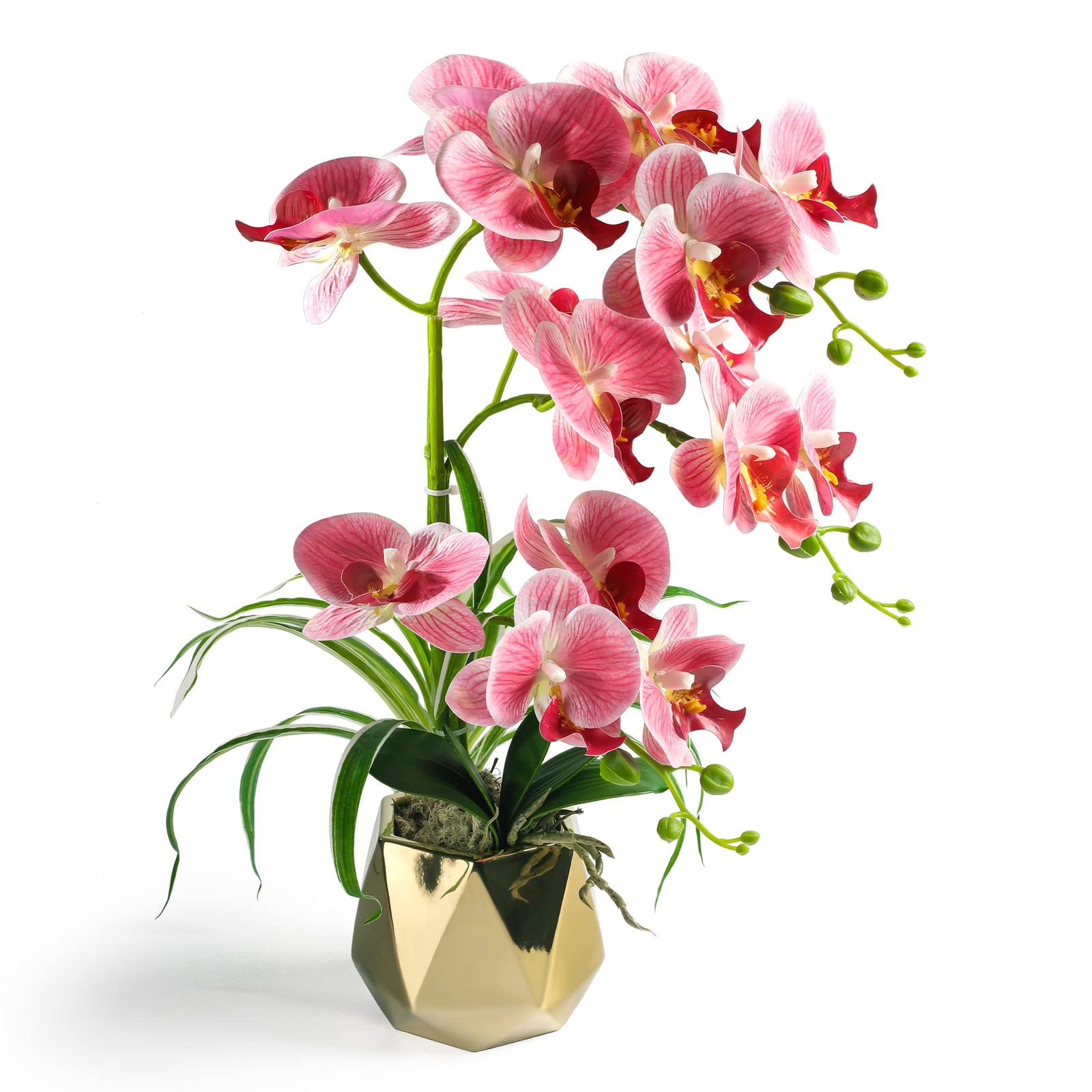 Artificial Pink Orchids Fake Flowers In Gold Vase Pot Home Decor Indoor Floral