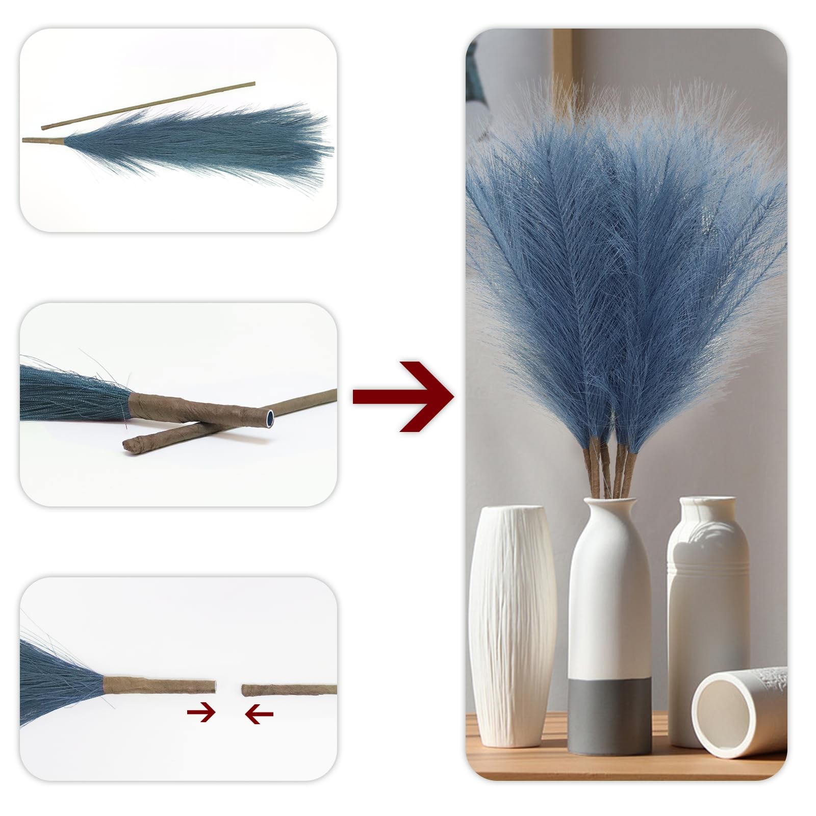 5 PCS 30″ Faux Dark Blue Pampas Grass Decor Tall Fluffy Floral Vase Filler