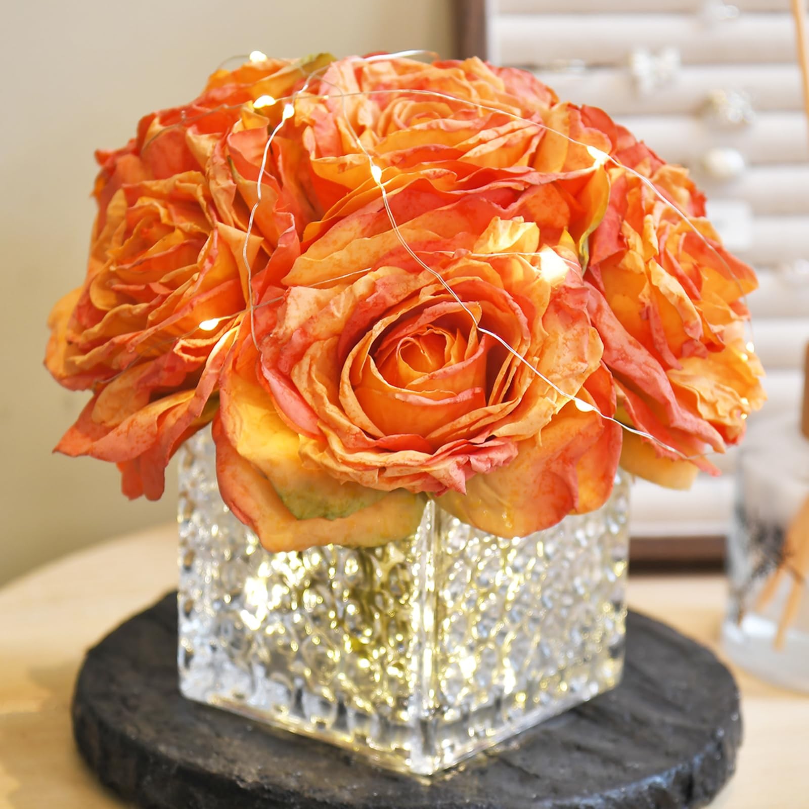 Artificial Rose in Glass Vase Vintage Silk Flower Arrangement with LED Light …