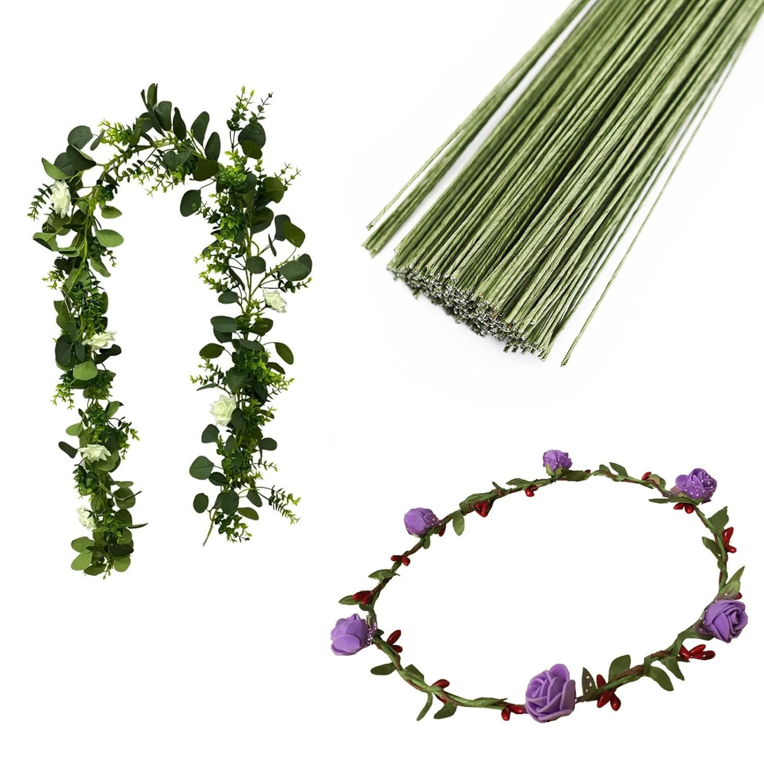 16-inch 18 Gauge Green Paper Covered Floral Wire Stems for DIY Crafts
