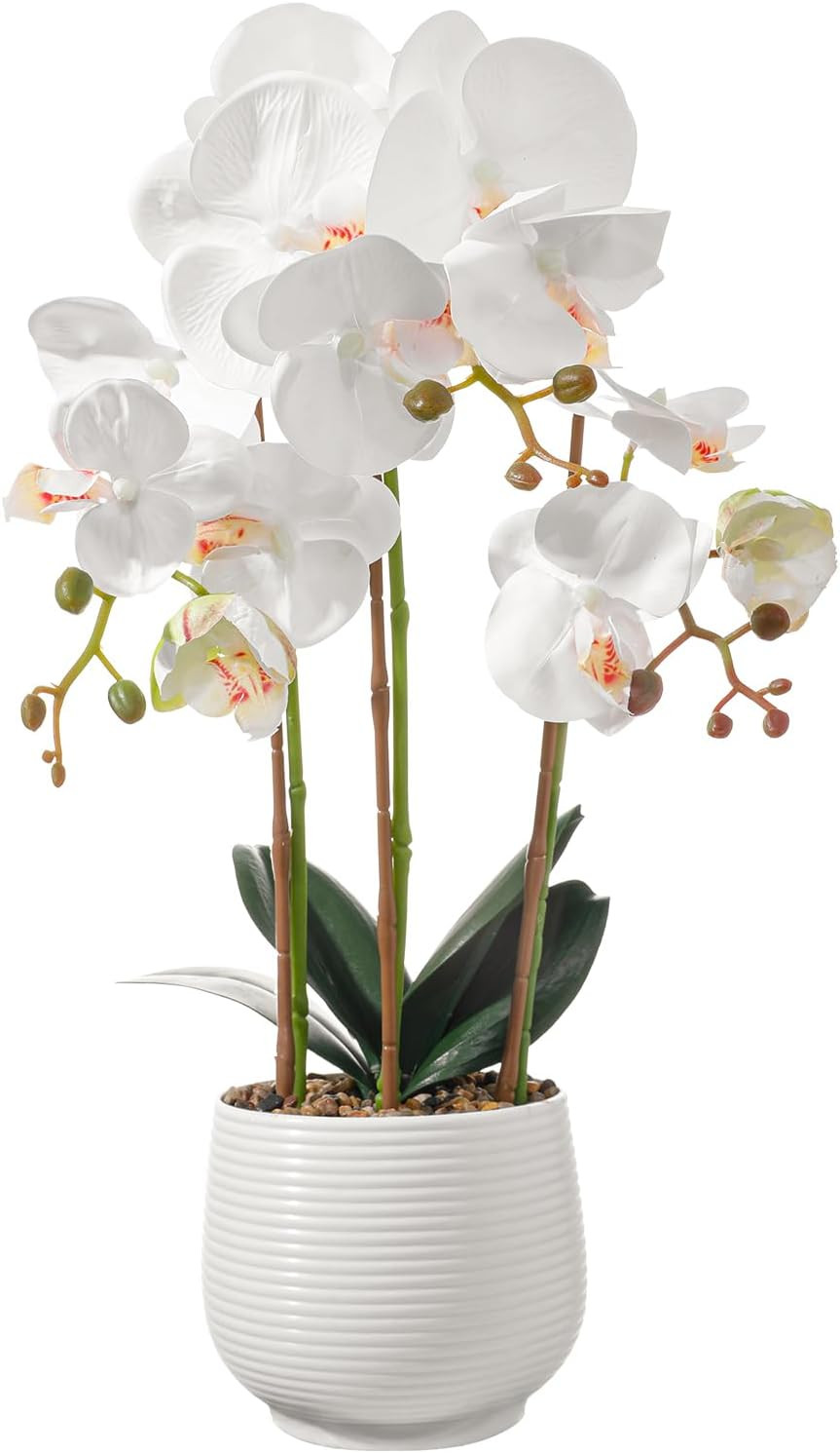 Lifelike White 3-Stem Artificial Orchid Plant in Pot for Home Decor