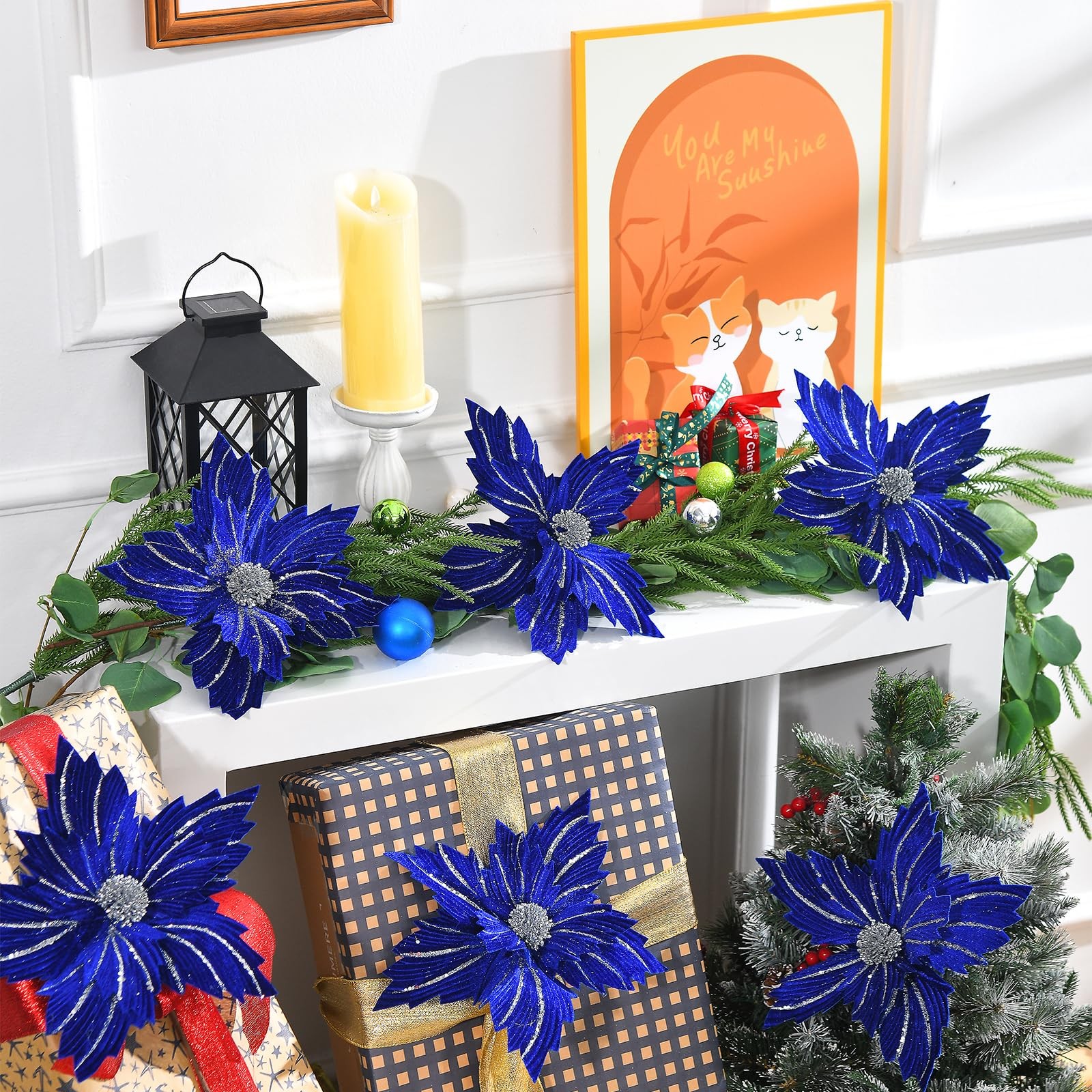 6 Pcs 12″ Large Glitter Poinsettia Artificial Christmas Flowers with Stems Xmas