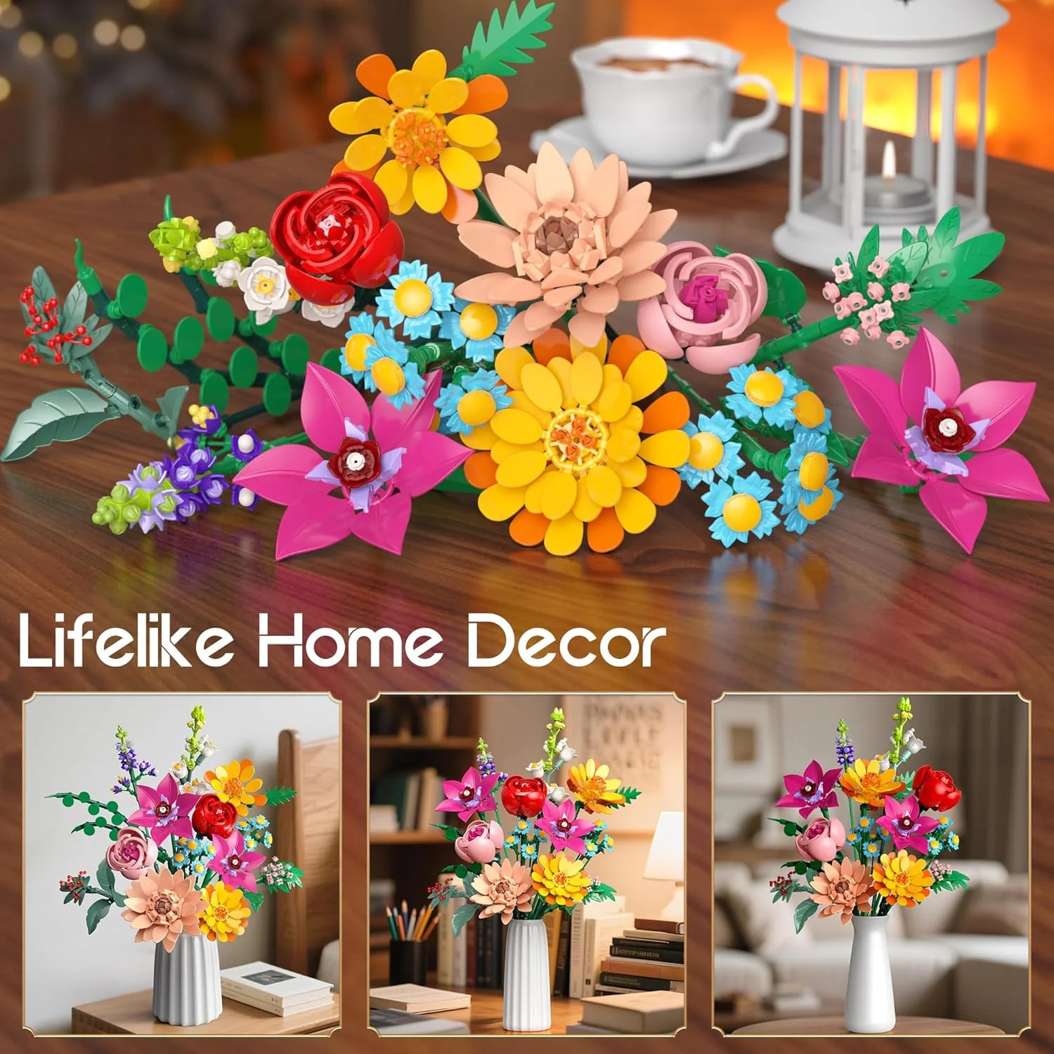 Ancesfun Flowers Bouquet Building Set, 891 PCS Artificial Wildflower Botanical C