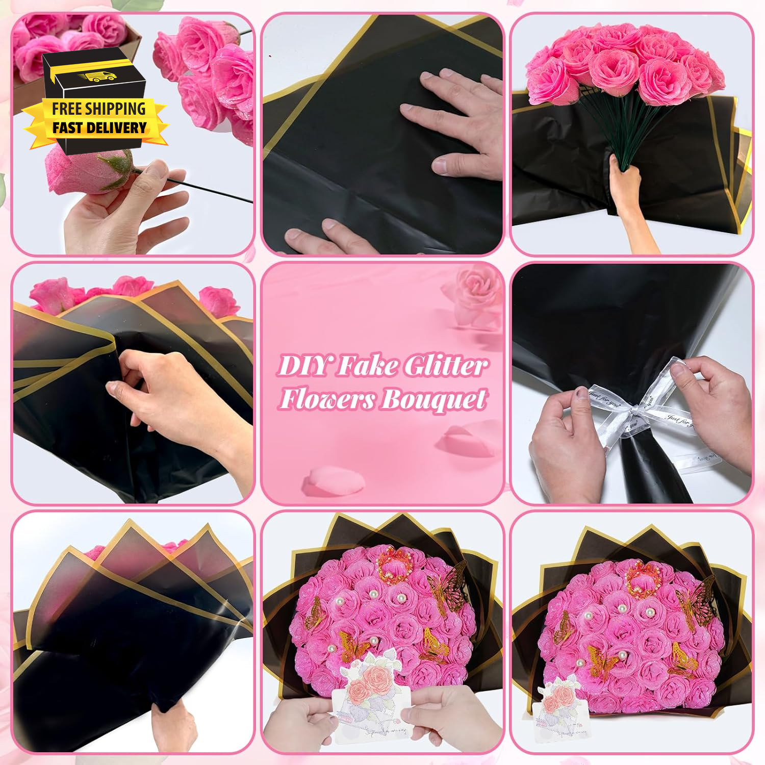 Pink Glitter Roses Bouquet, 24 Pcs Shiny Glitter Flowers Bouquet, Everlasting Ar
