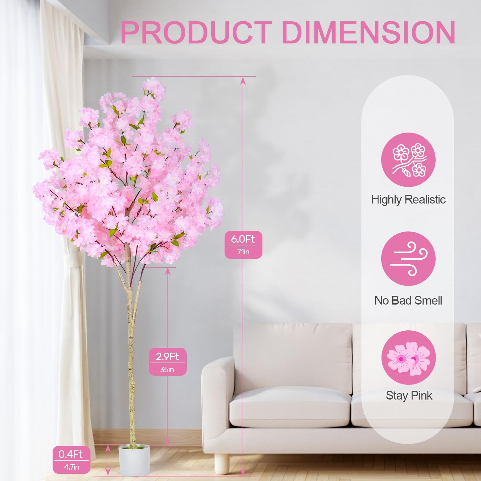 6FT Artificial Cherry Blossom Tree,Tall Fake Flower Tree with Realistic Pink …