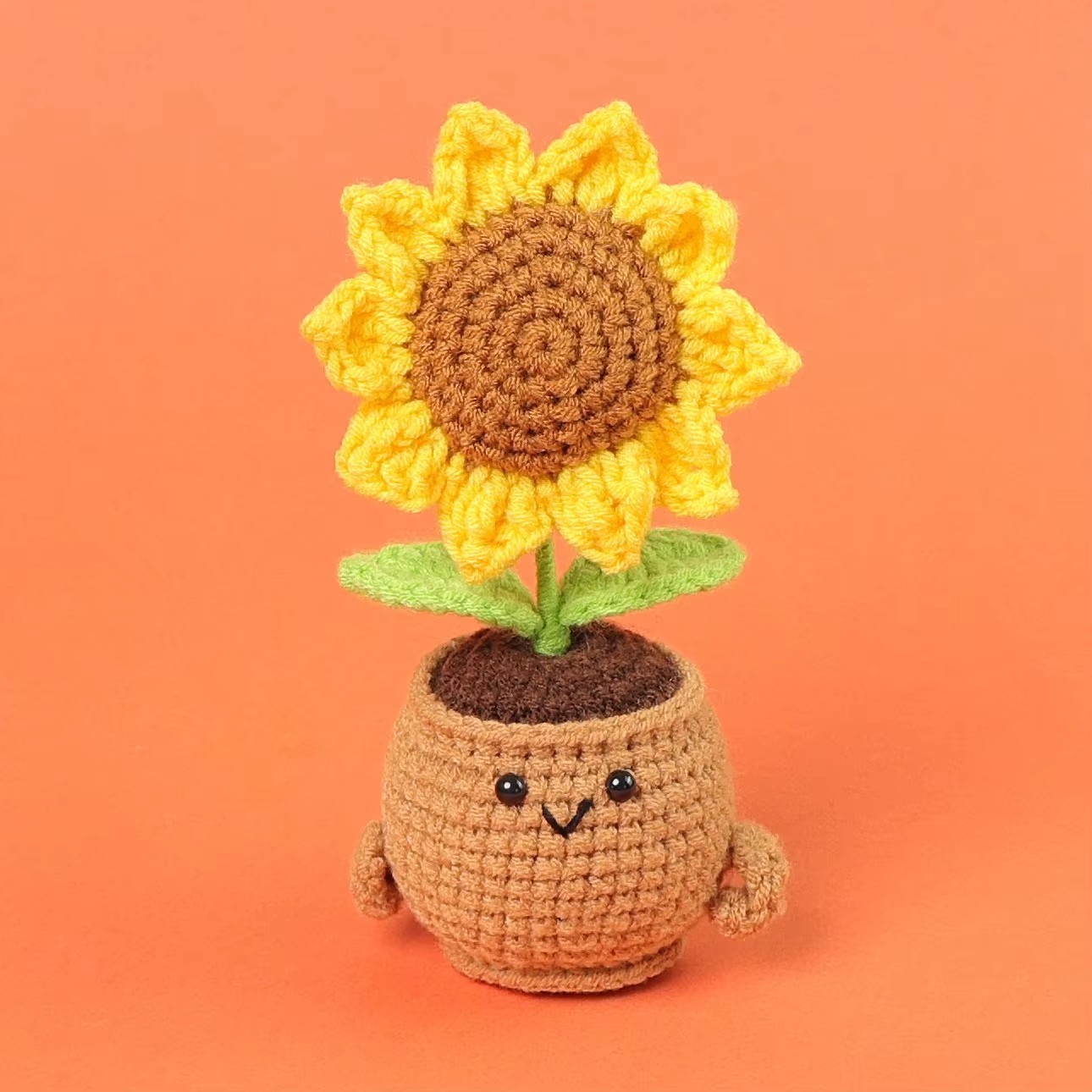 Smiling Crochet Sunflower Pot – Amigurumi Desk Buddy Decor – Handmade Sunny Gift