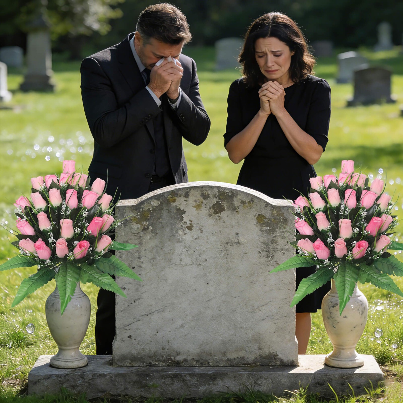 Artificial Cemetery Flowers – 2 Pack Silk Floral Displays for Headstone Decor…