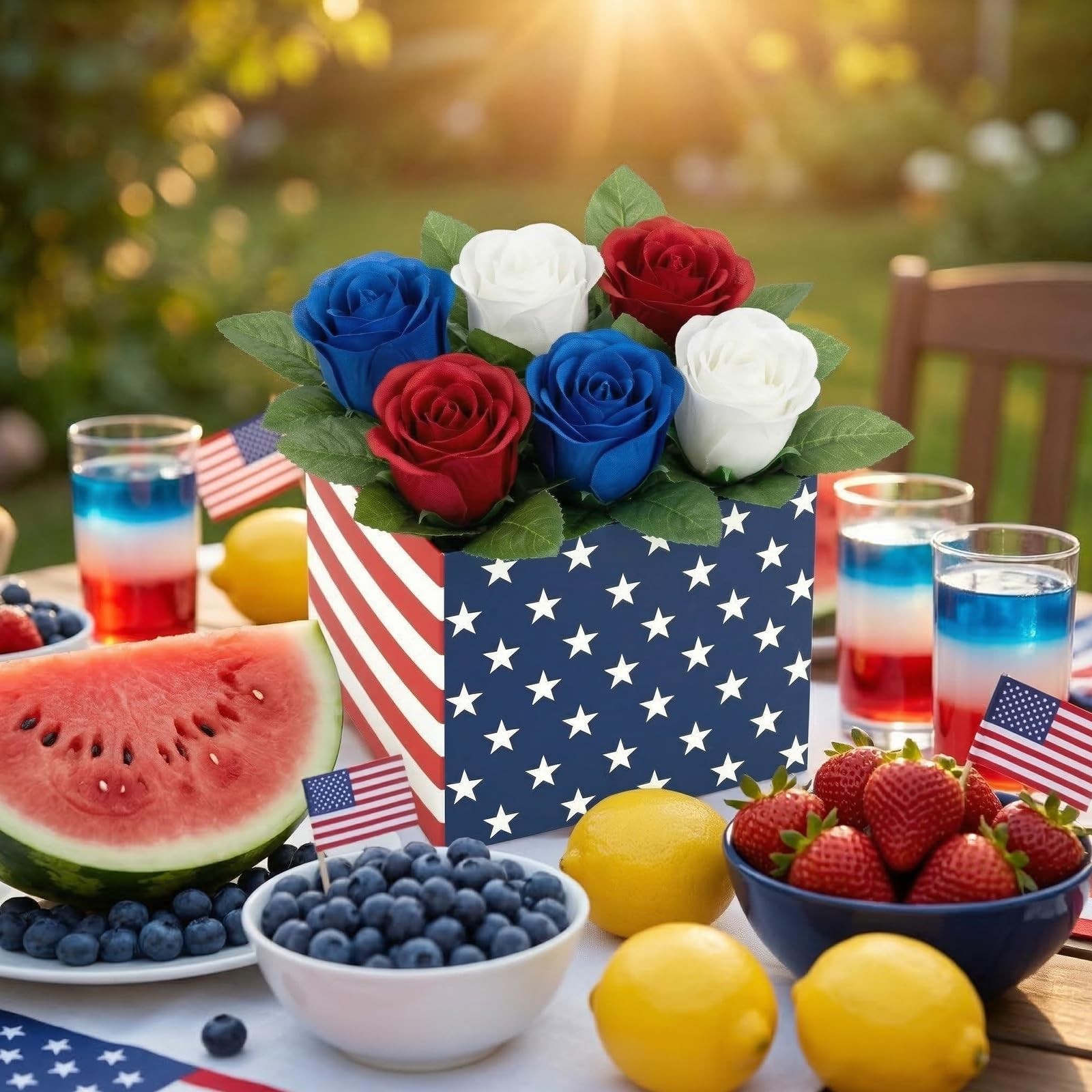 Red White and Blue Patriotic Table Centerpiece Decor American Flag Box Decora…