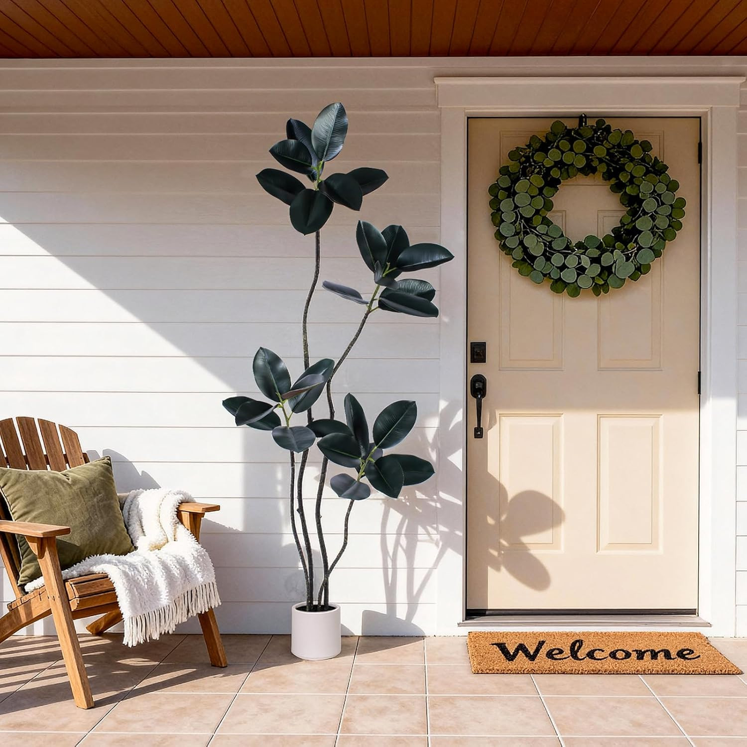 6FT Artificial Rubber Tree – Faux Indoor Plant with White Planter for Home Decor