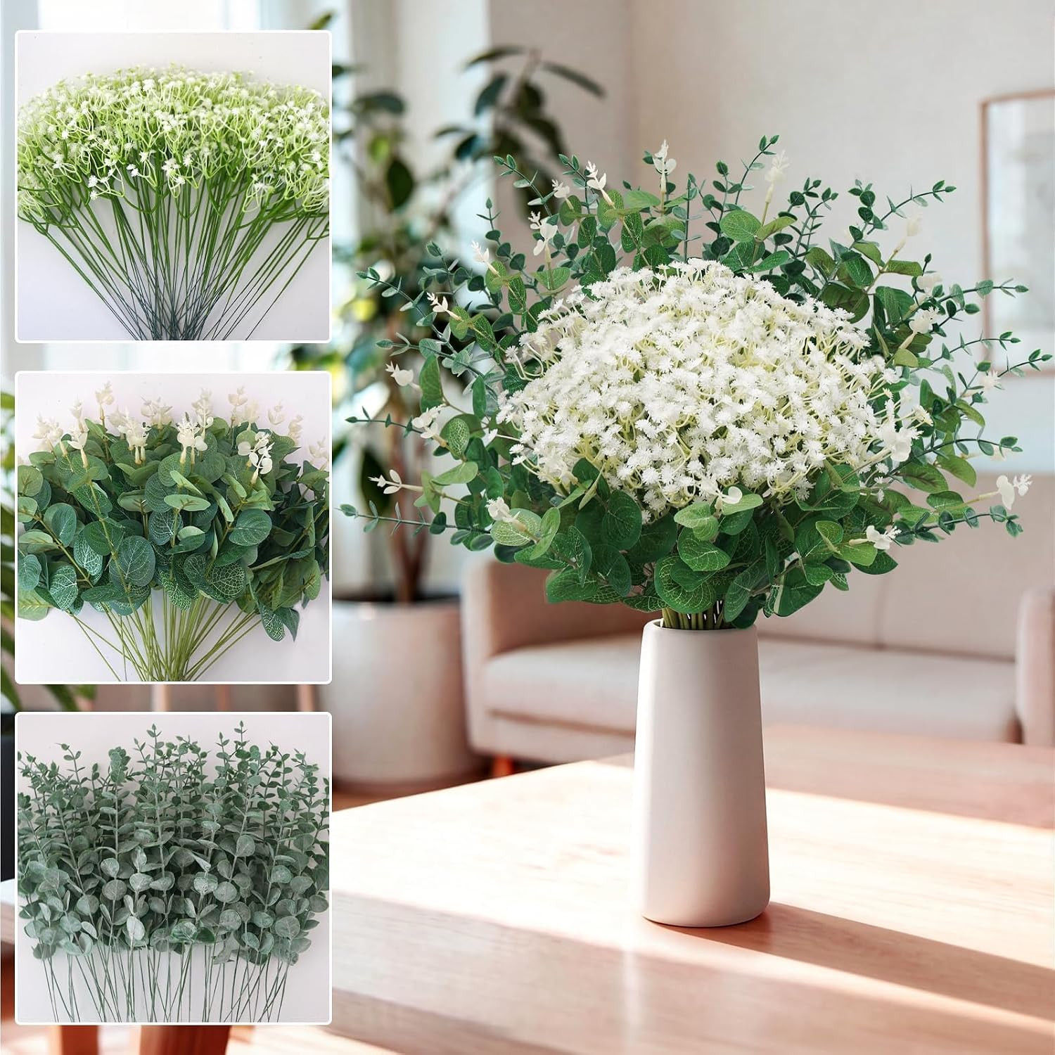 200Pcs Eucalyptus & Babys Breath Artificial Flowers for Weddings & Parties