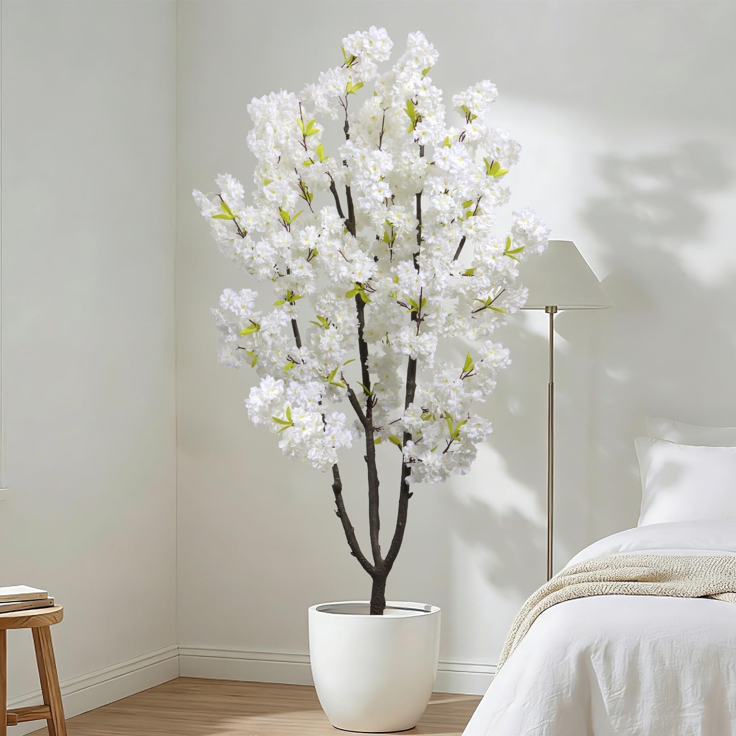 Faux White Cherry Blossom 6ft(72in) Artificial Floor Plant for Indoor Decor N…