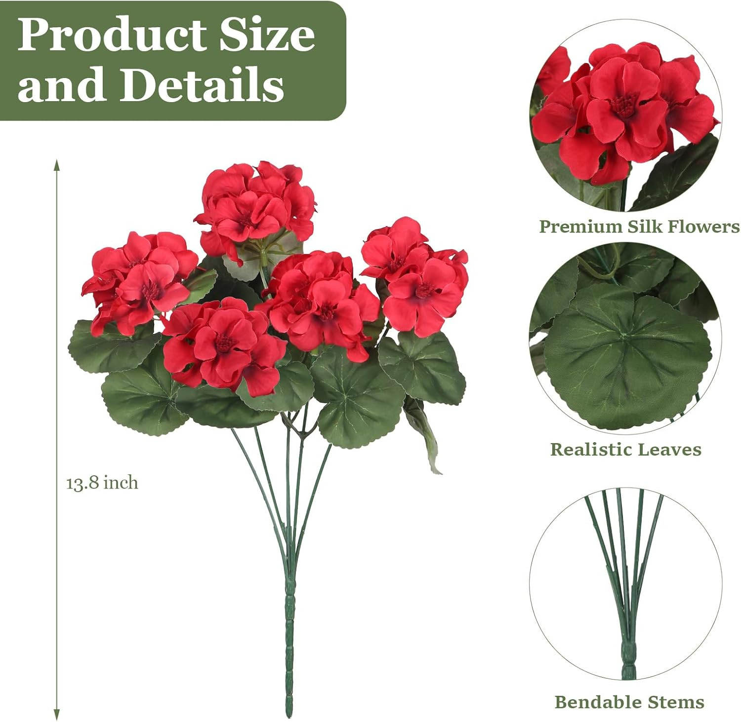 12 Pcs Artificial Flowers for Outdoors, Faux Silk Geraniums Flowers UV Resistant