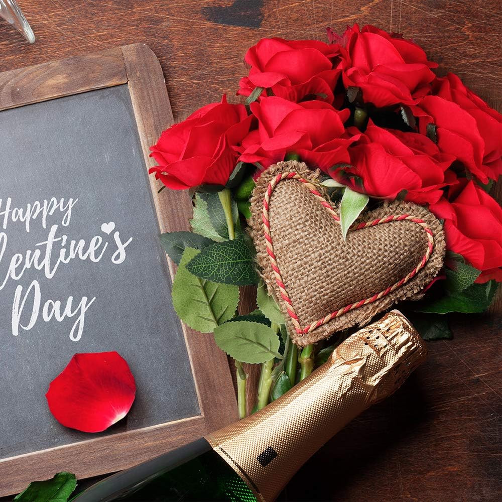 12PCS Red Roses Artificial Flowers, Fake Roses with Long Stems Realistic Silk Ro