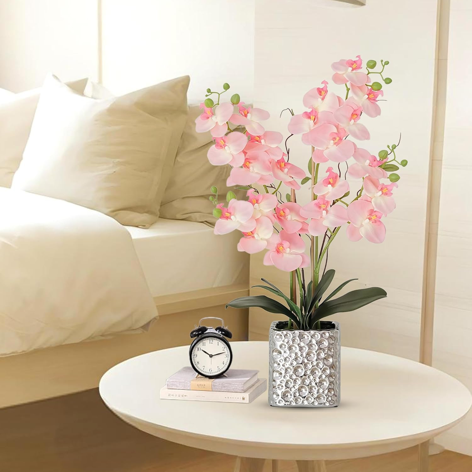 Pink Orchid Silk Flowers in Silver Vase – Elegant Dining Table Centerpiece