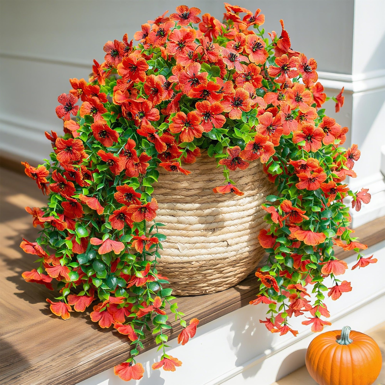 Fall Artificial Mums & Eucalyptus Hanging Decor – 2Pcs Orange Daisy Silk Flowers