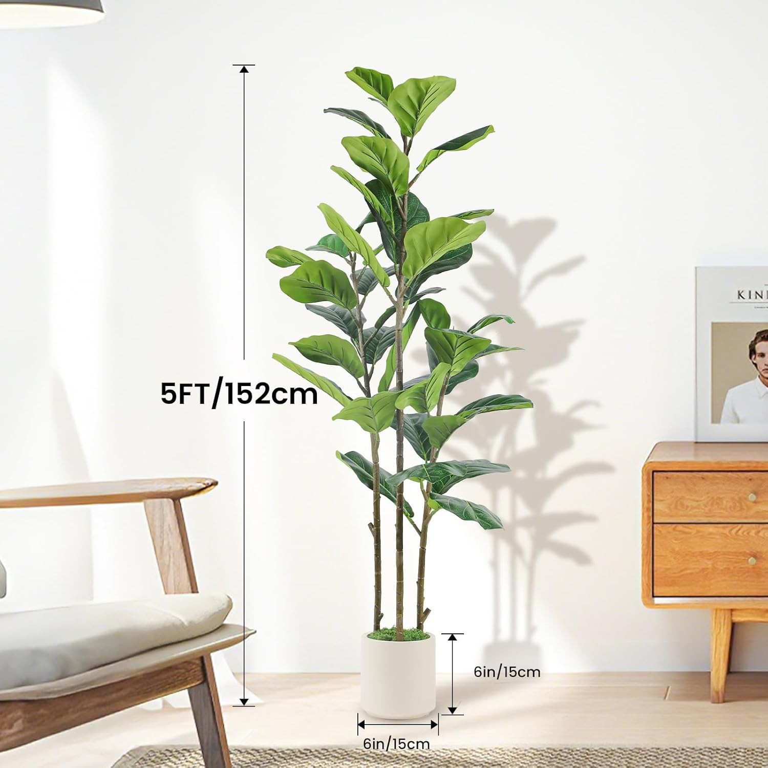 5FT Artificial Fiddle Leaf Fig Tree with White Planter Pot, 5 feet Tall Fake Tre