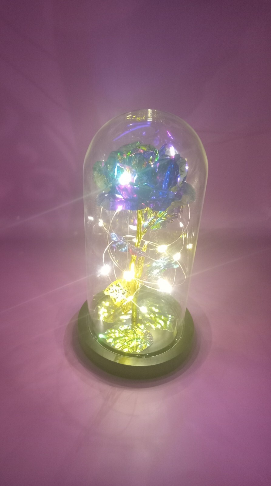 1pc Eternal Colorful Gold And Purple Rose Flower, LED Lights With Glass Dome