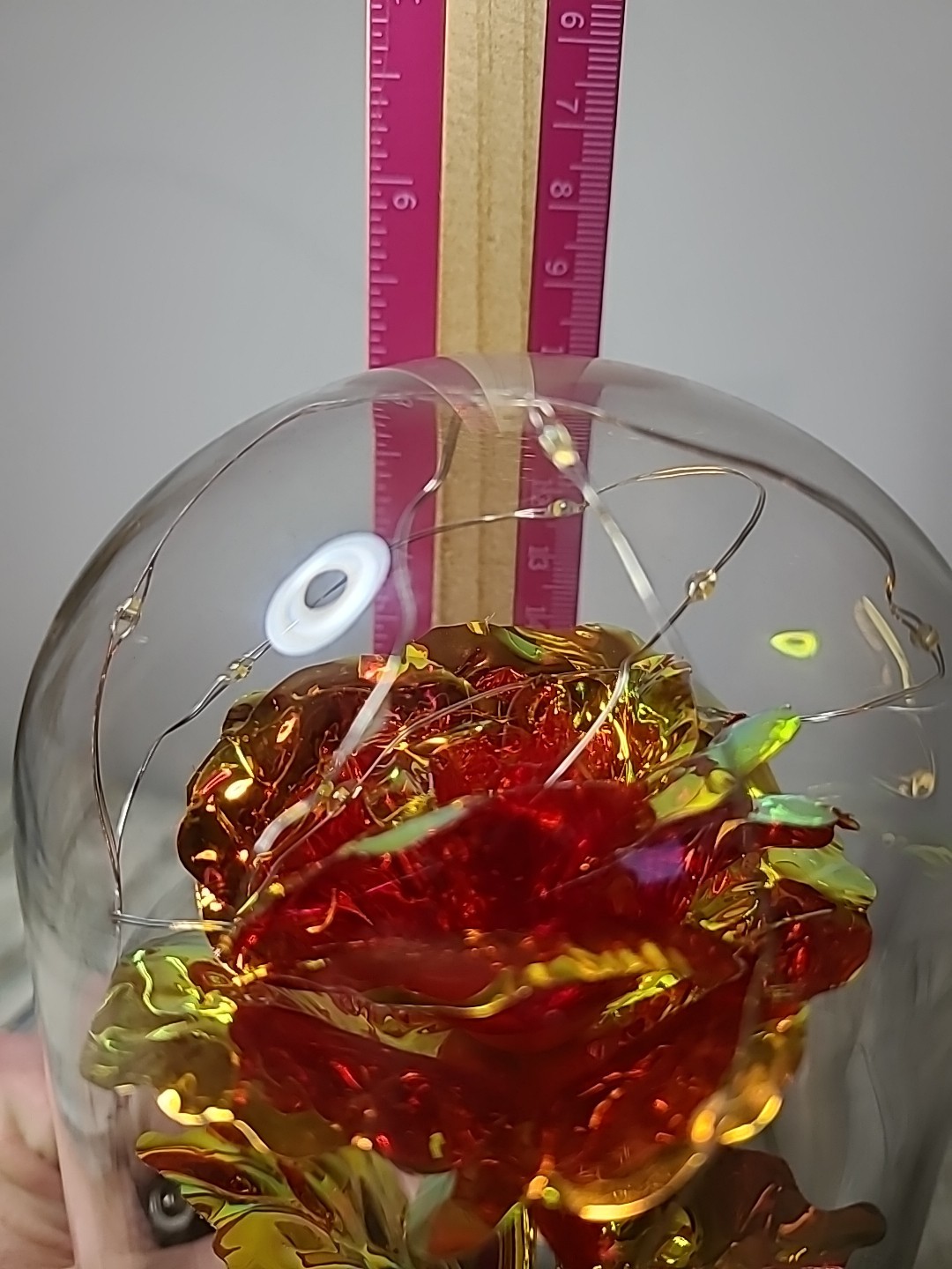 Light Up Rose In Glass With Butterfly And Rose Petals On The Bottom. Red/ Gold.