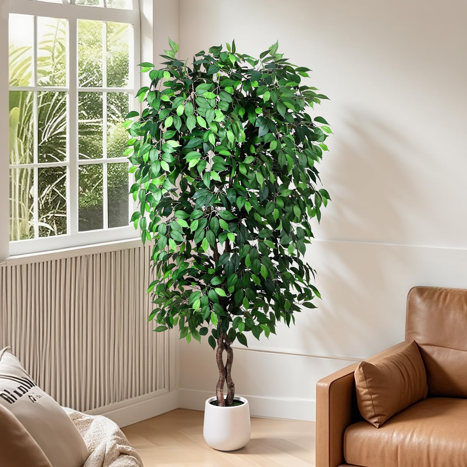 Jocoevol 7FT Artificial Ficus Tree, Tall Faux Trees Indoor White Planter, Dried