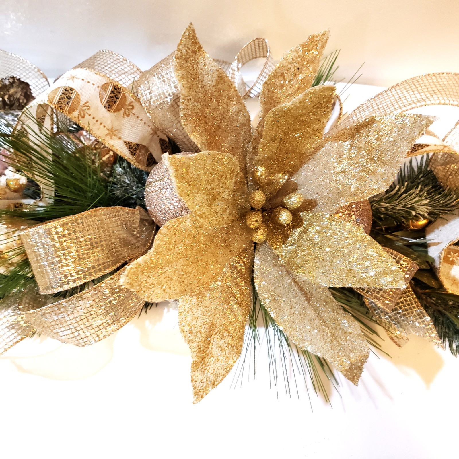 Gold poinsettia Christmas centerpiece, Christmas table swag, Mantel swag, mirror
