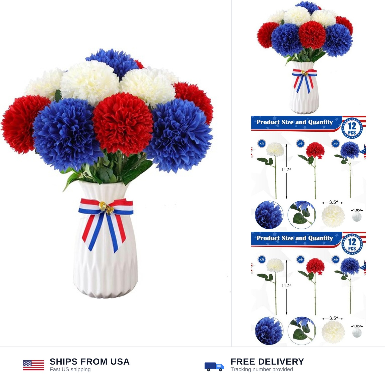 Hananona 12 Pcs Artificial Chrysanthemums Flowers Patriotic Flower, 4th of Ju…